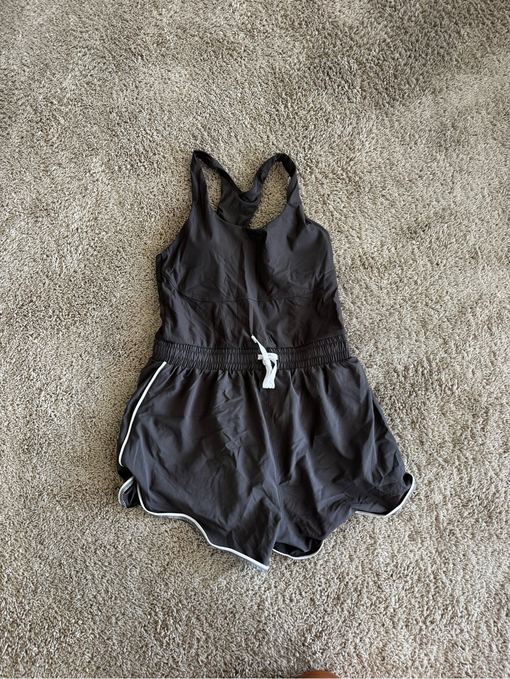 Fabletics Dark Gray Racerback Romper with White Trim
